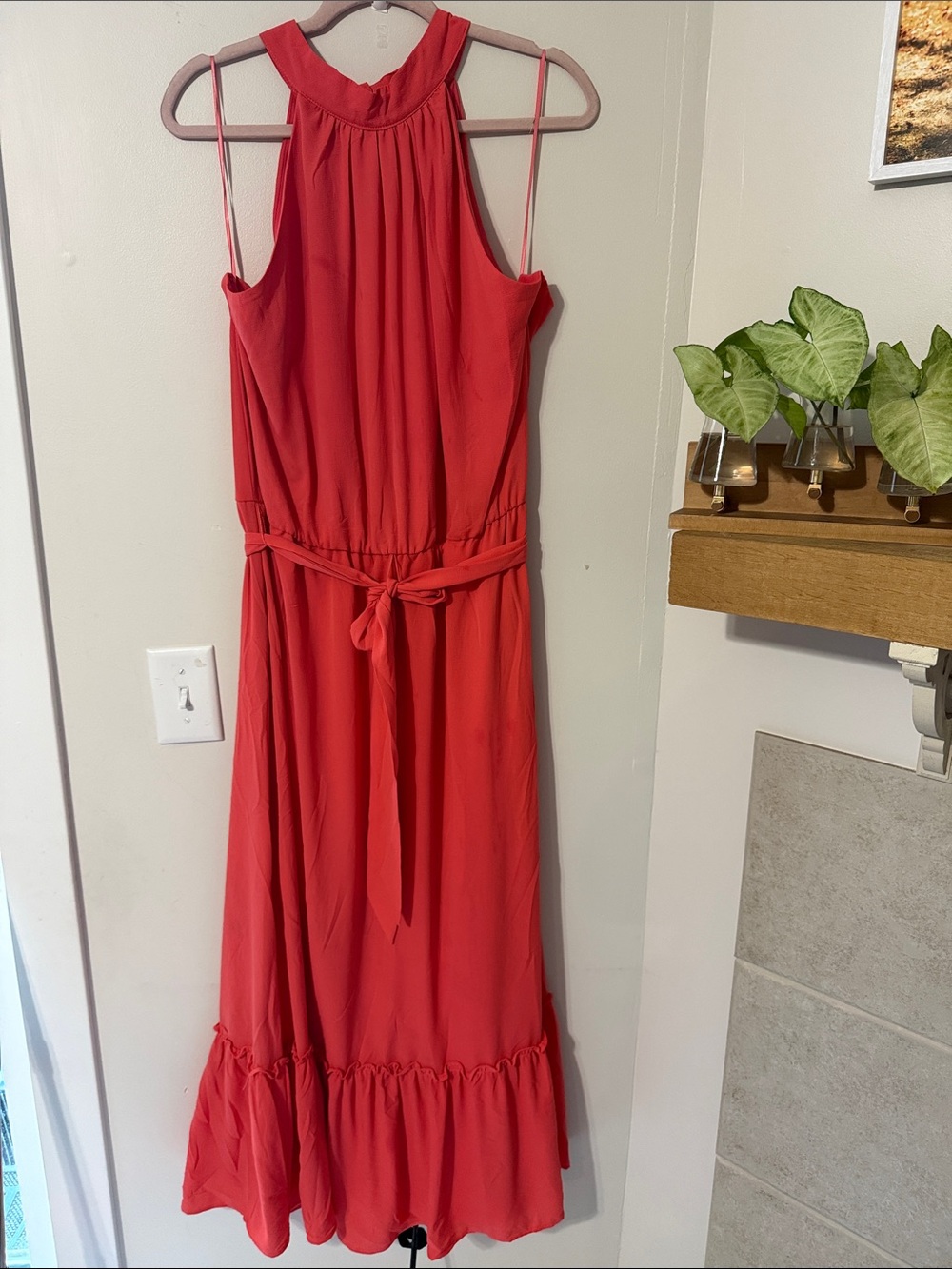 R&K Coral-Red Halter Maxi Dress with Tie Waist